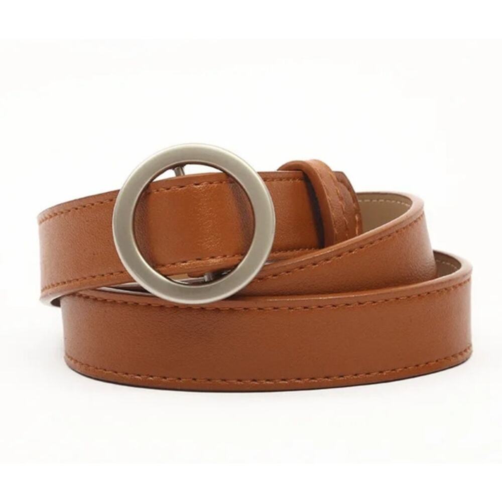BELT Camel Tan NEW 41" Long Vegan Leather Adjustable Belt Silver Metal - Picture 2 of 5